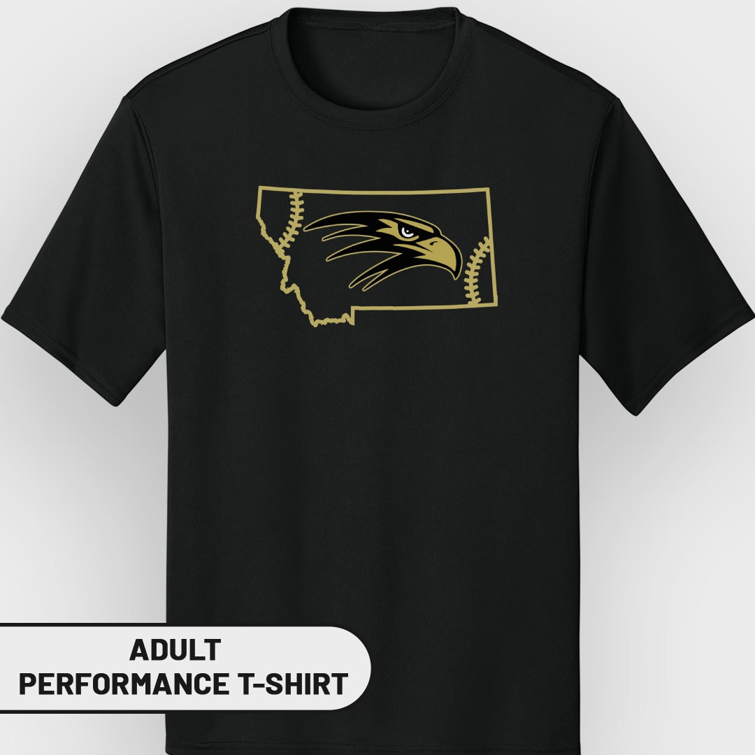 Black t-shirt with Montana outline, eagle head, and baseball stitching.