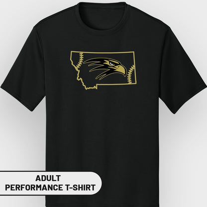 Black t-shirt with Montana outline, eagle head, and baseball stitching.