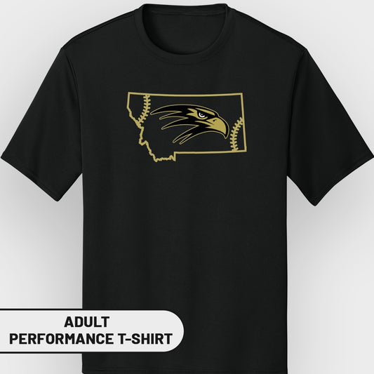 Black t-shirt with Montana outline, eagle head, and baseball stitching.