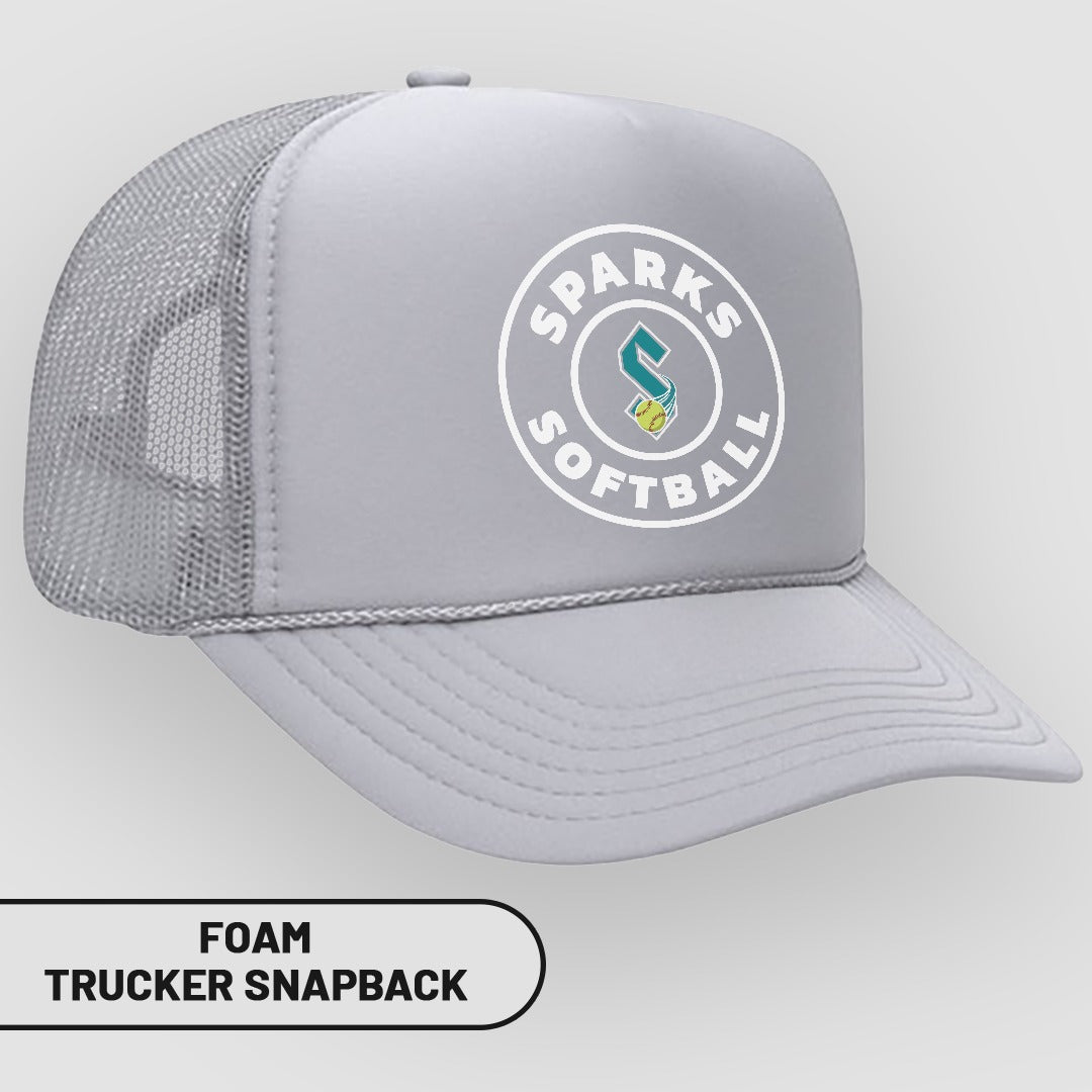 Gray foam trucker snapback hat with "Sparks Softball" logo.