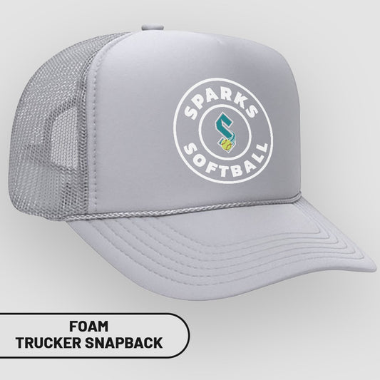 Gray foam trucker snapback hat with "Sparks Softball" logo.