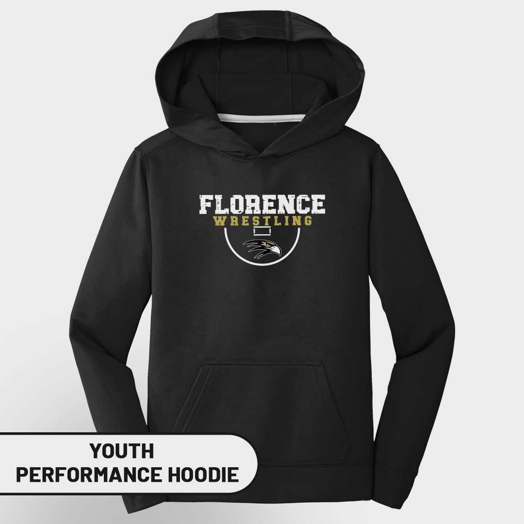 Youth performance hoodie with Florence Wrestling logo featuring an eagle head.