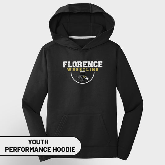 Youth performance hoodie with Florence Wrestling logo featuring an eagle head.