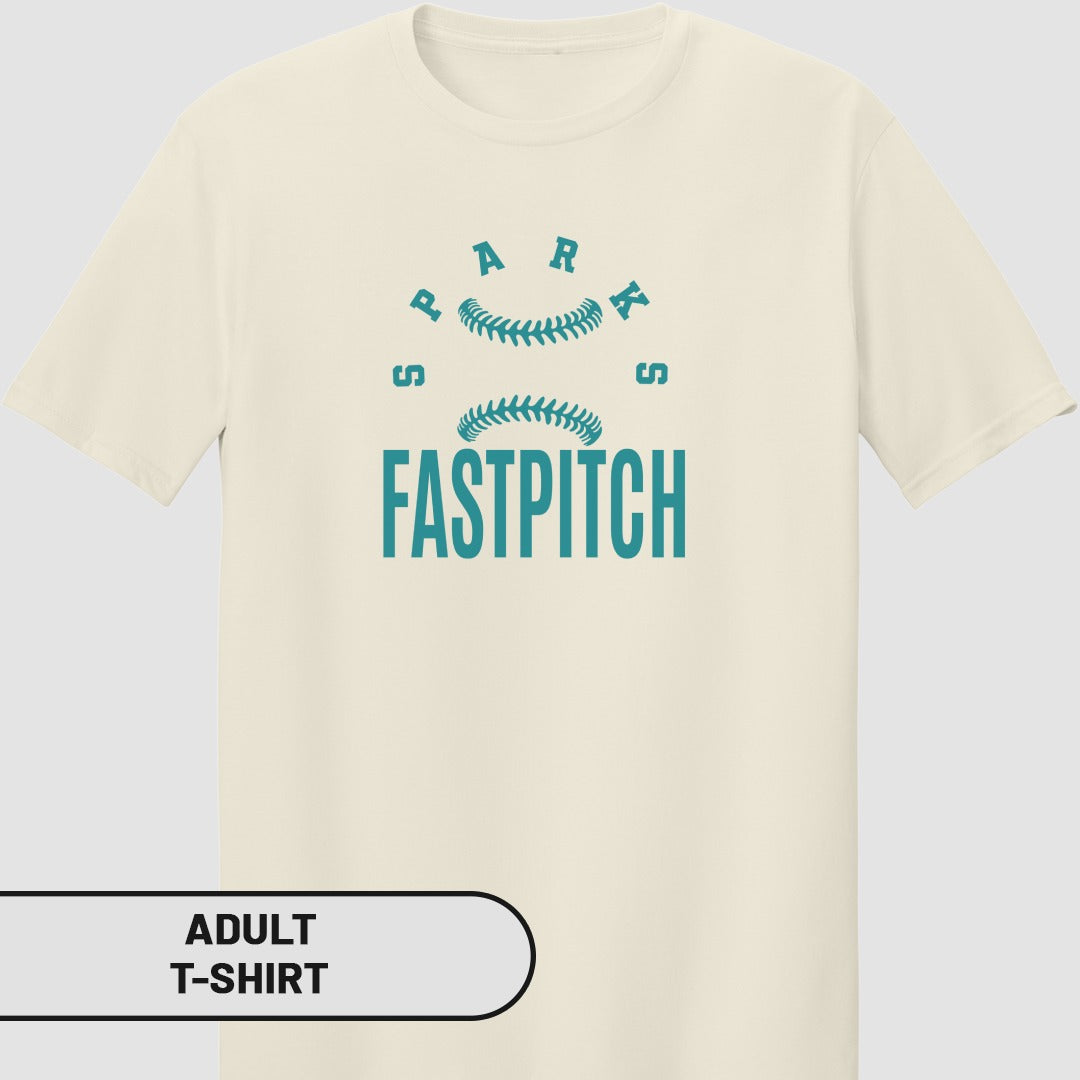 Adult t-shirt with "PARKS FASTPITCH" text and baseball graphic.