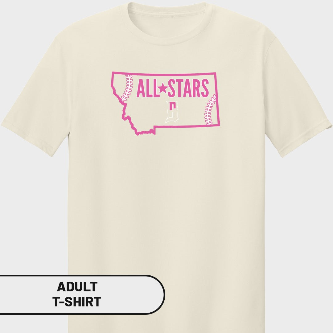 Cream t-shirt with pink "All Stars" text inside Montana outline.