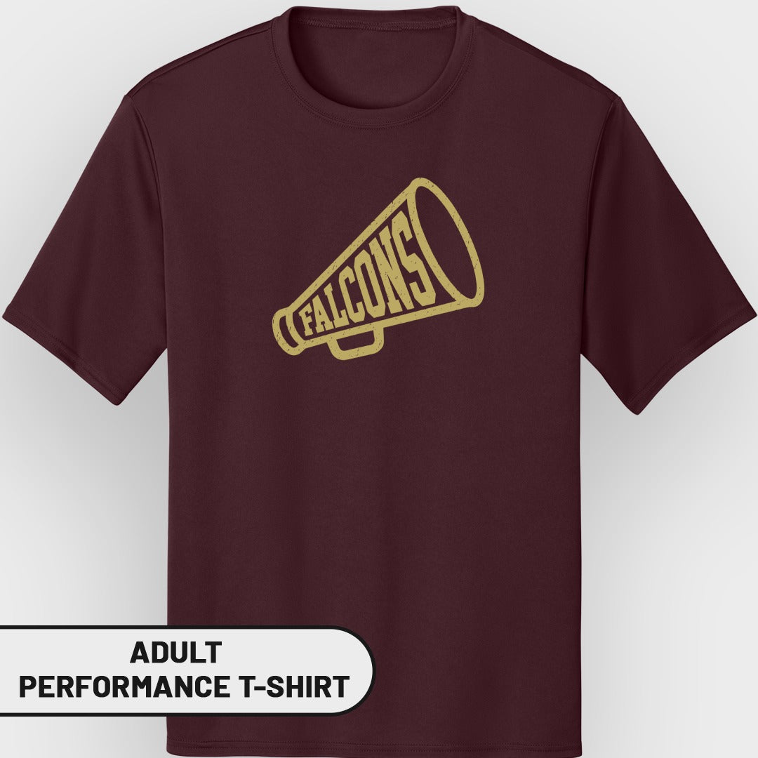 Maroon adult performance t-shirt with a gold megaphone graphic reading "FALCONS".