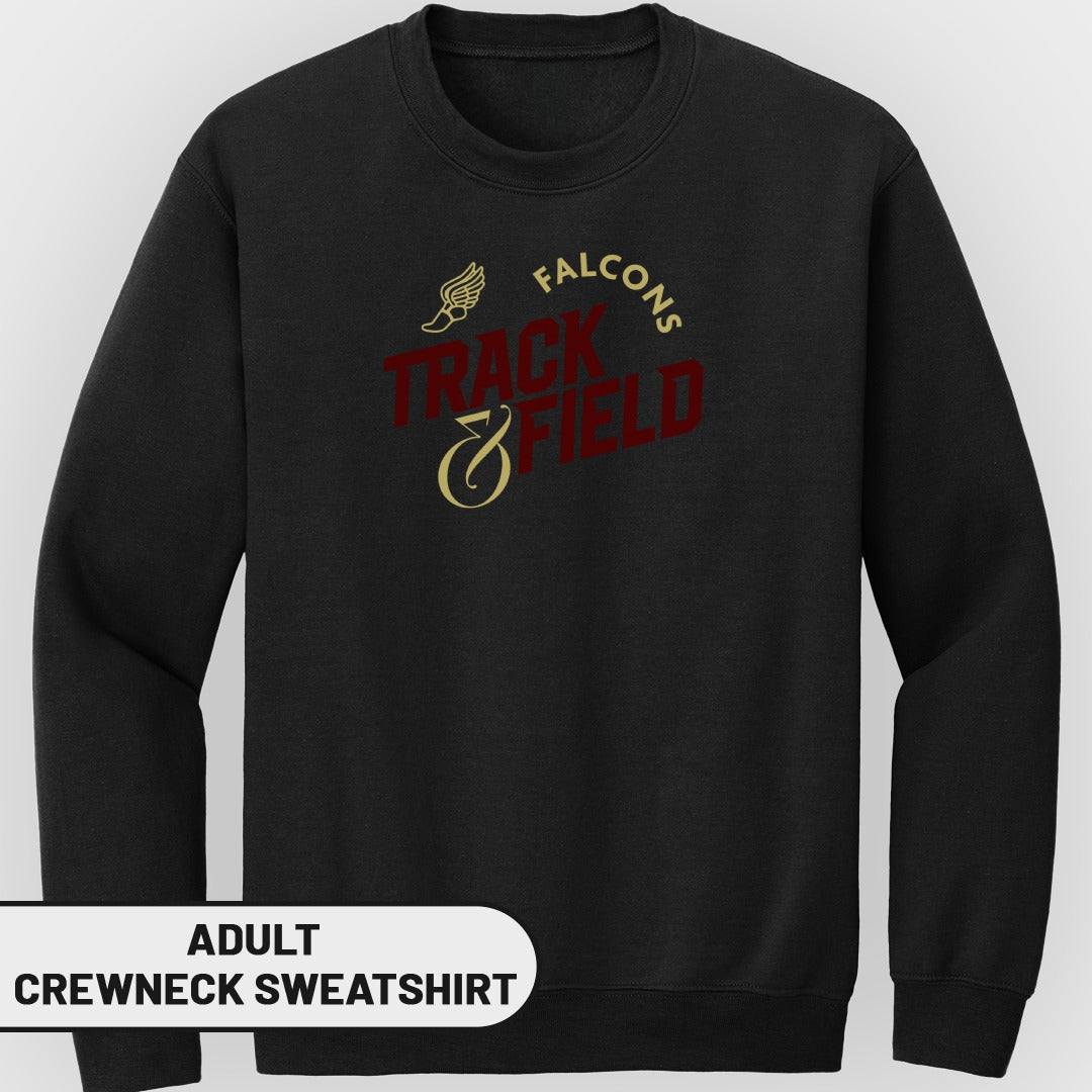 Black adult crewneck sweatshirt with "FALCONS TRACK & FIELD" text and winged shoe logo.