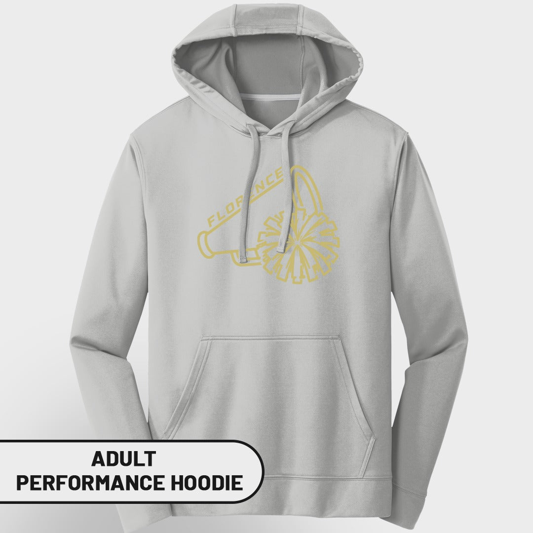 Grey adult performance hoodie with yellow Florence cheer megaphone and pom-pom graphic.