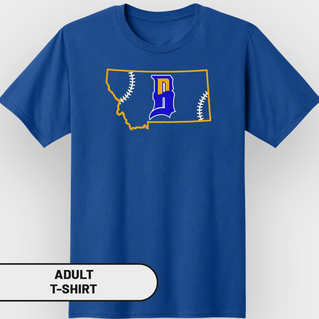 Blue t-shirt with a Montana outline containing a baseball and letter D logo.