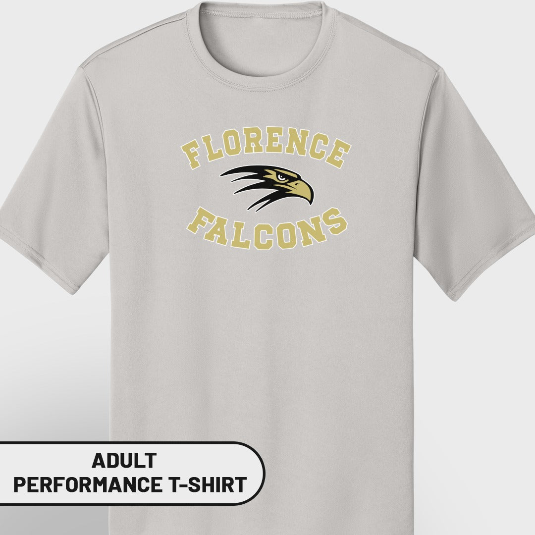 Light grey adult performance t-shirt with "Florence Falcons" text and eagle logo.