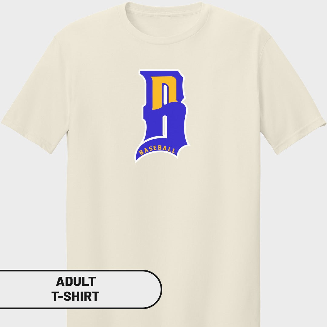 Cream t-shirt with a bold blue "B" and "BASEBALL" text.