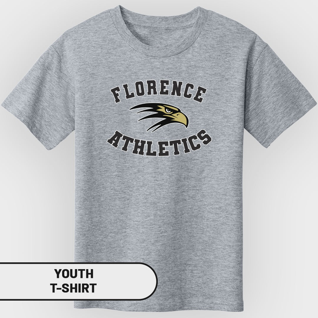 Grey youth t-shirt with "FLORENCE ATHLETICS" text and eagle logo.
