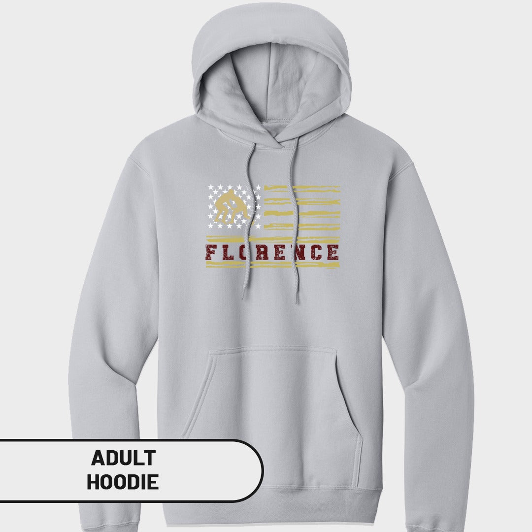 Light gray adult hoodie with distressed American flag graphic and "FLORENCE" text.