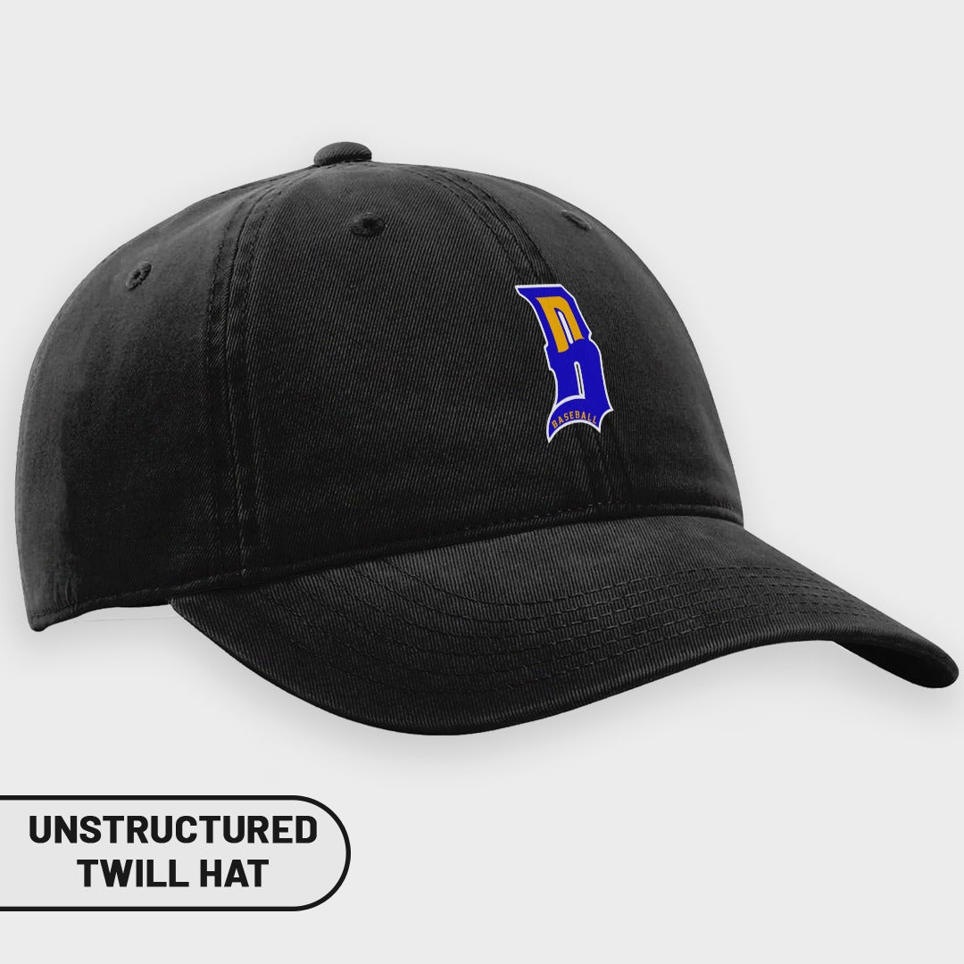 Black unstructured twill hat with embroidered blue and yellow "B" and "BASEBALL".
