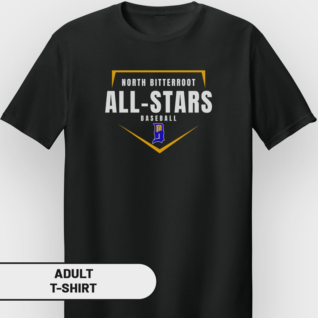 North Bitterroot All-Stars Baseball logo on a black adult t-shirt.