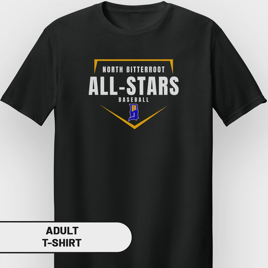 North Bitterroot All-Stars Baseball logo on a black adult t-shirt.