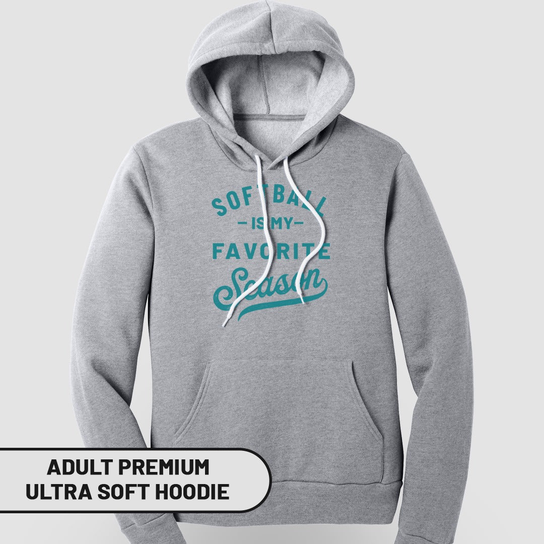 Gray hoodie with "Softball is my favorite season" text.