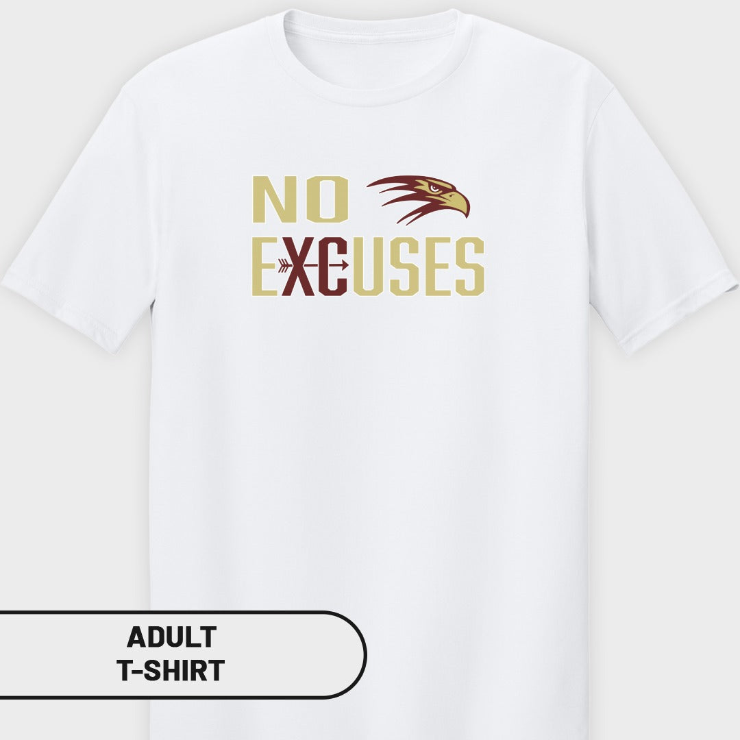 White adult t-shirt with "NO EXCUSES" text and a hawk's head graphic.