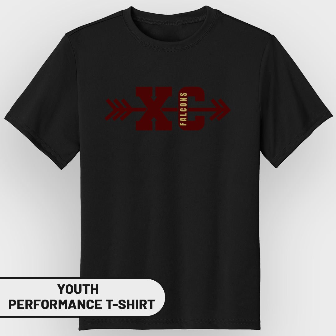 Black youth performance t-shirt with maroon XC Falcons graphic.