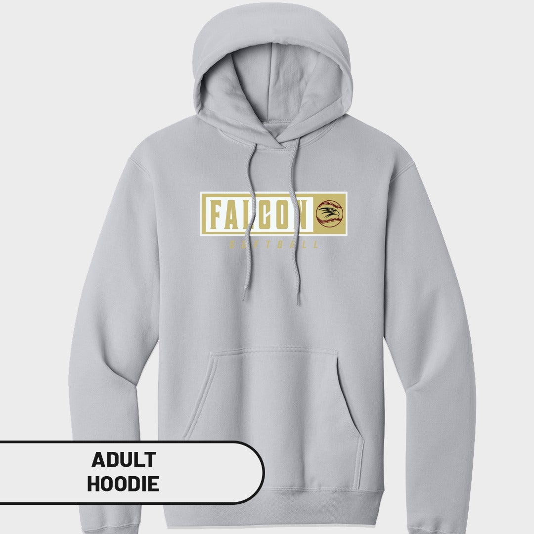 Light grey adult hoodie with "FALCON SOFTBALL" graphic on the chest.