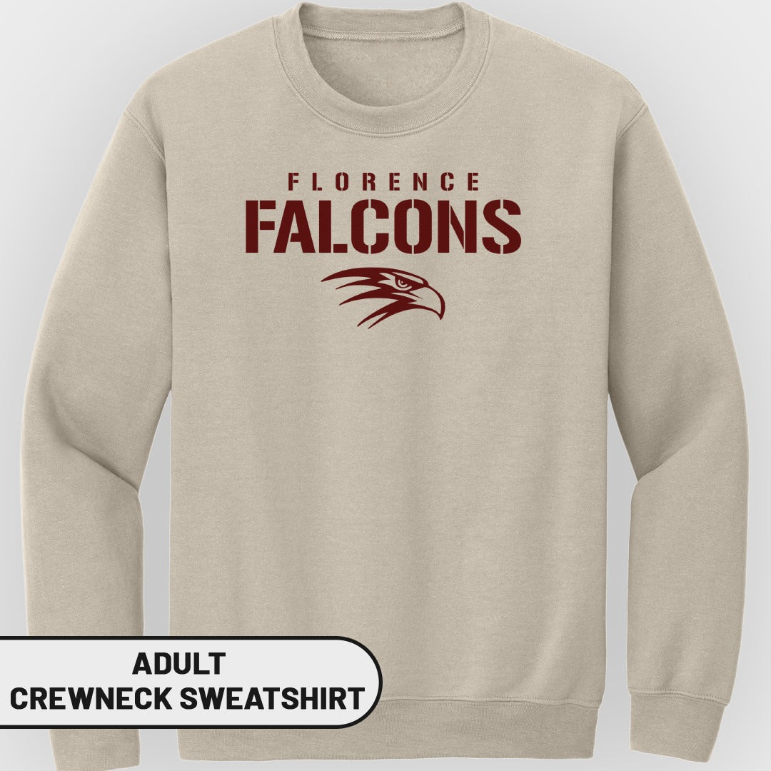 Light tan adult crewneck sweatshirt with maroon "FLORENCE FALCONS" and eagle logo.