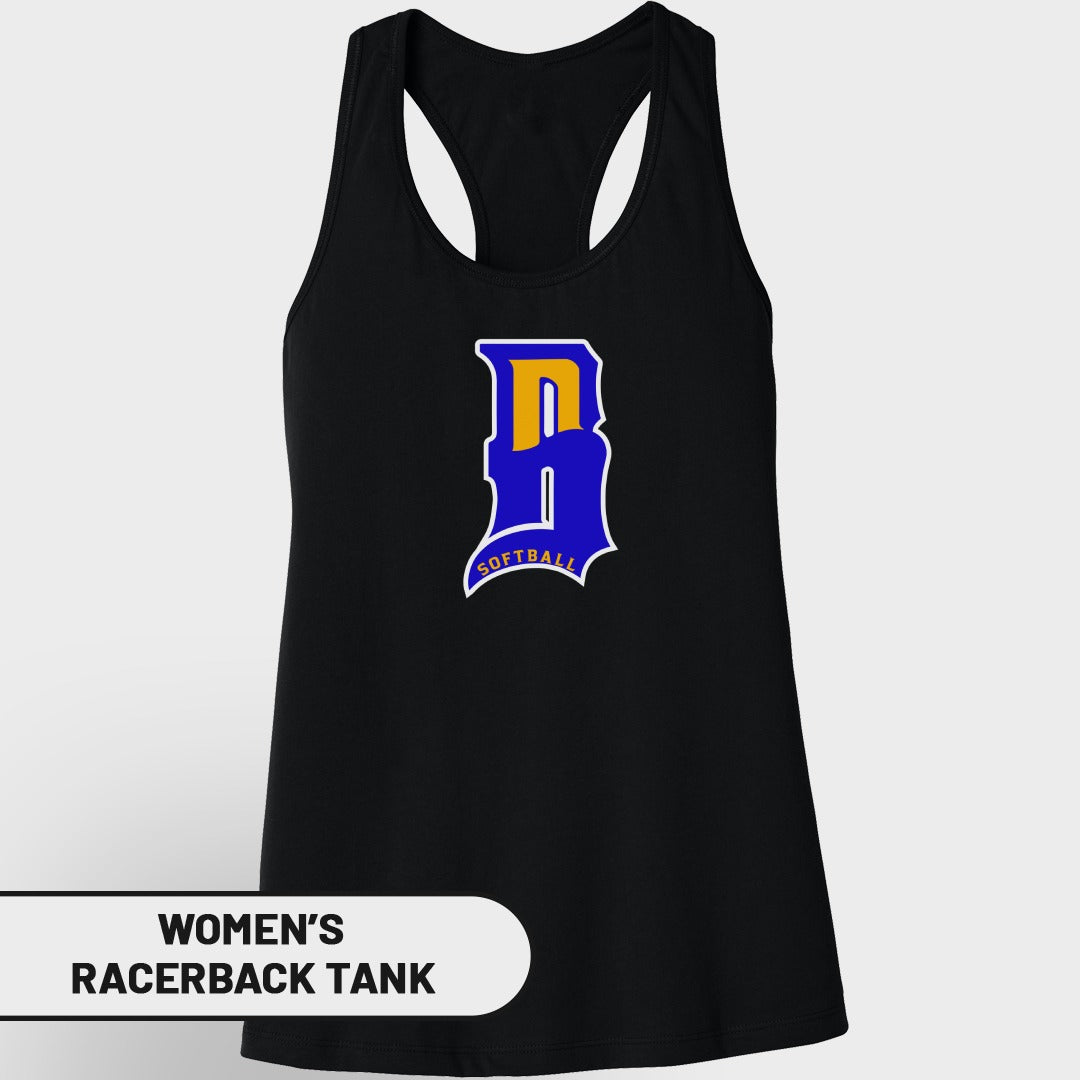 Black women's racerback tank top with blue "D" logo and "SOFTBALL" text.