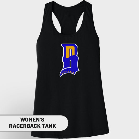 Black women's racerback tank top with blue "D" logo and "SOFTBALL" text.
