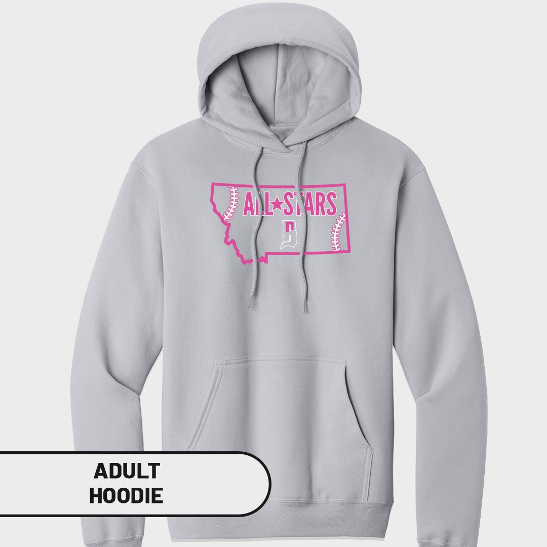 Light gray adult hoodie with "All-Stars" in pink lettering over a Montana outline.