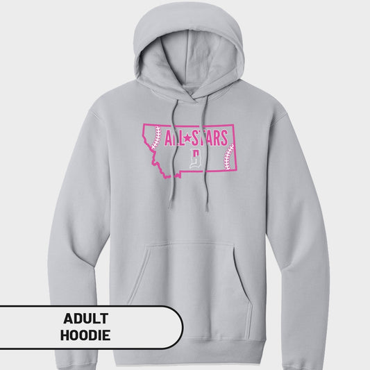 Light gray adult hoodie with "All-Stars" in pink lettering over a Montana outline.
