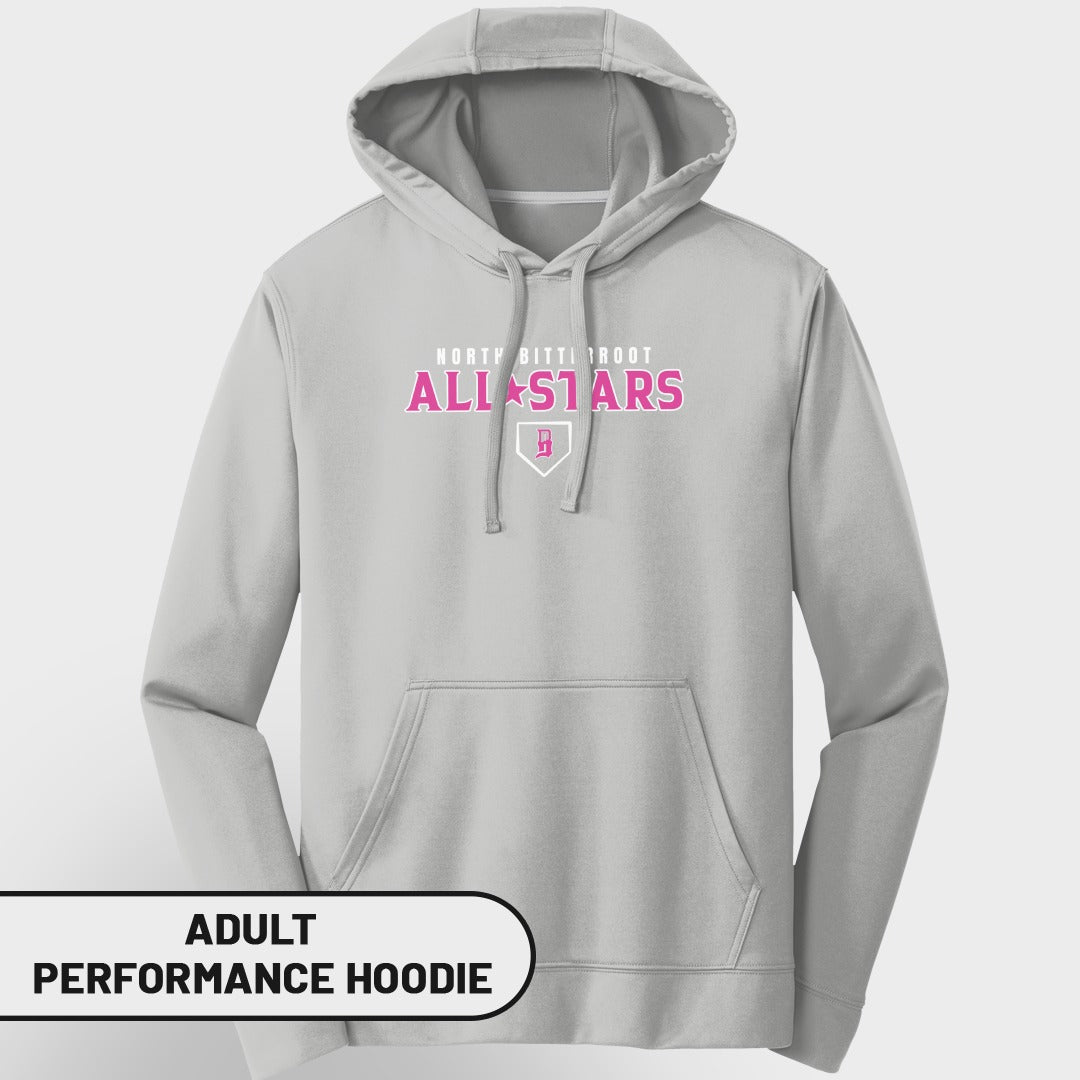Gray adult performance hoodie with "North Battleford All Stars" logo.