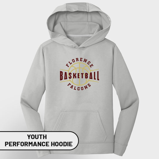 Youth performance hoodie with Florence Basketball Falcons logo.