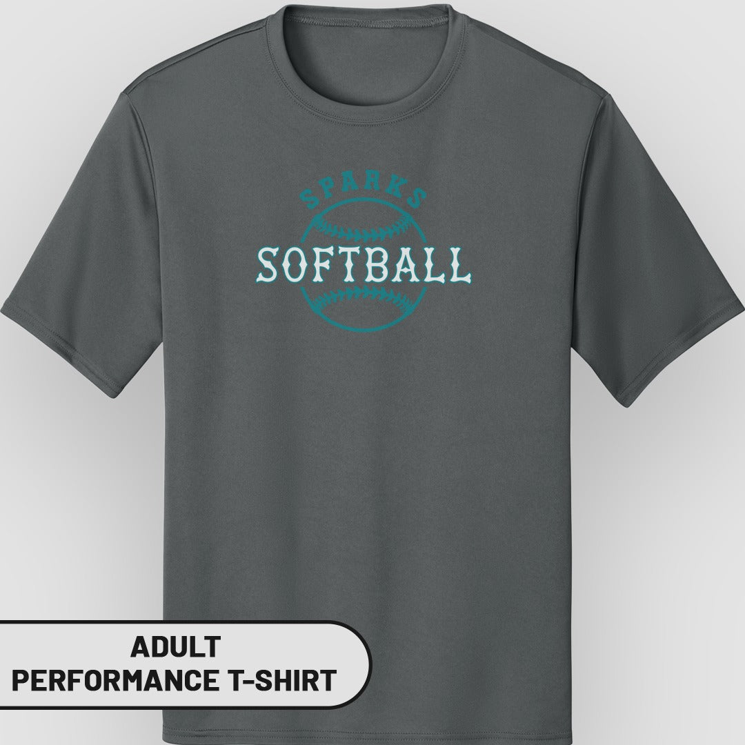 Gray adult performance t-shirt with "SPARKS SOFTBALL" in teal text.