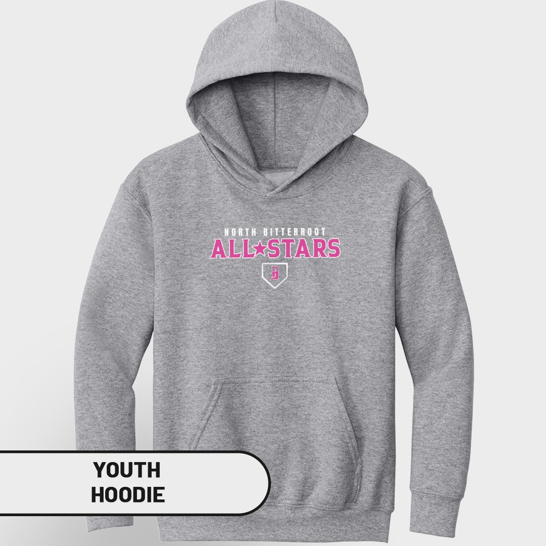 Grey youth hoodie with "North Bitterroot All Stars" text and a baseball shield logo.