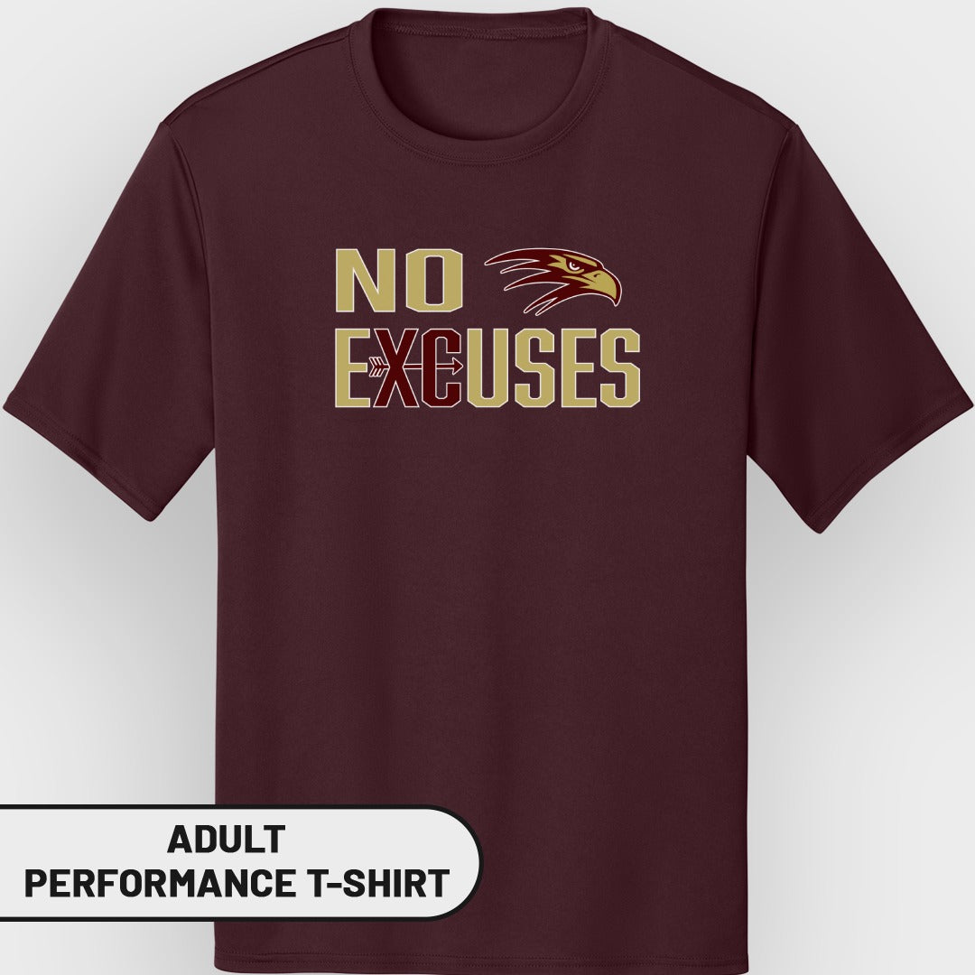 Maroon adult performance t-shirt with "NO EXCUSES" text and eagle graphic.