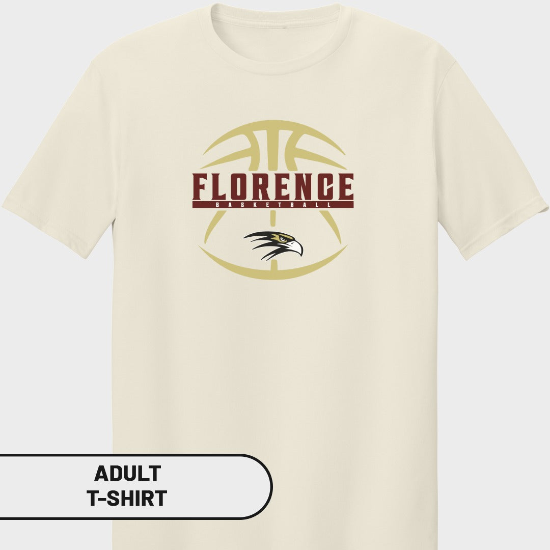 Cream adult t-shirt with Florence Basketball logo and eagle graphic.