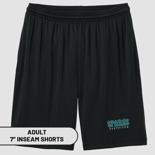 Black adult shorts with "SPARKS FASTPITCH" logo on left leg.