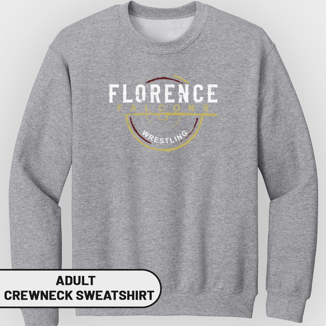 Grey adult crewneck sweatshirt with "FLORENCE FALCONS WRESTLING" circular logo.