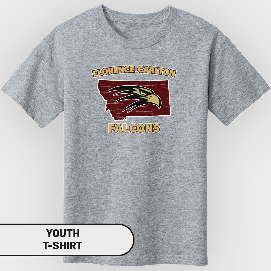 Youth t-shirt with "FLORENCE-CARLTON FALCONS" text and eagle logo over Montana.