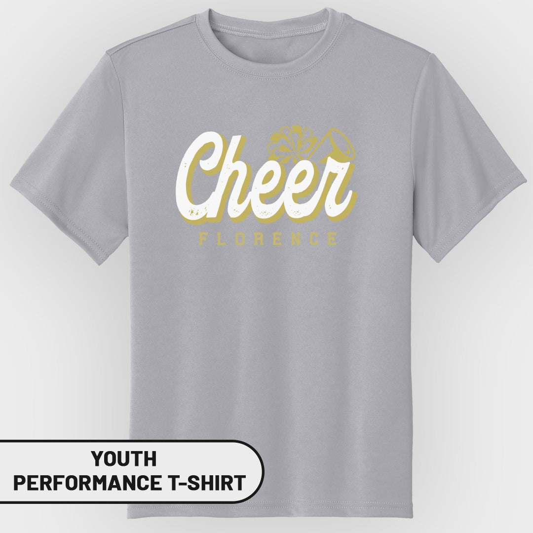 Gray youth performance t-shirt with "Cheer Florence" graphic and pom-poms.