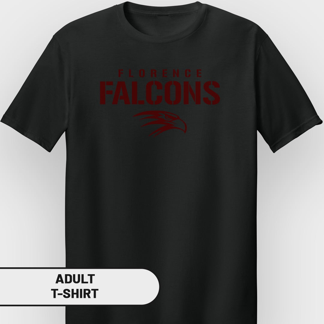 Black adult t-shirt with "Florence Falcons" and a red eagle logo.
