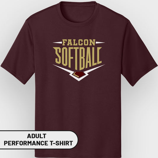 Adult maroon performance t-shirt with Falcon Softball graphic and text overlay.