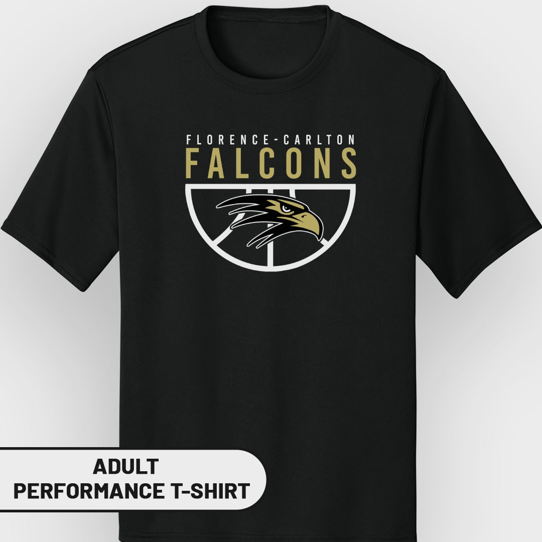 Black adult performance t-shirt with Florence-Carlton Falcons logo.