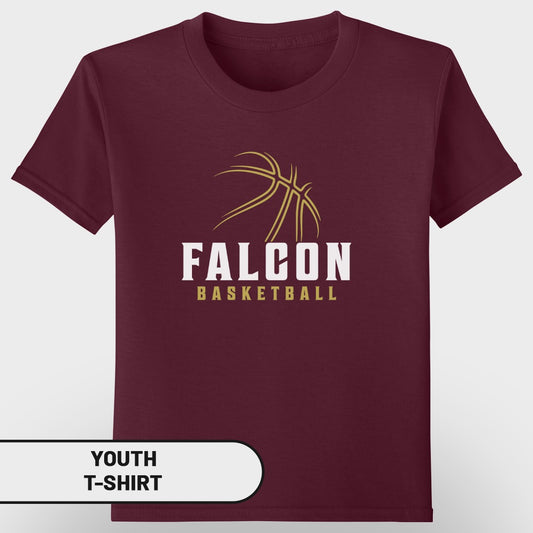 Maroon youth t-shirt with gold basketball and "FALCON BASKETBALL" text.