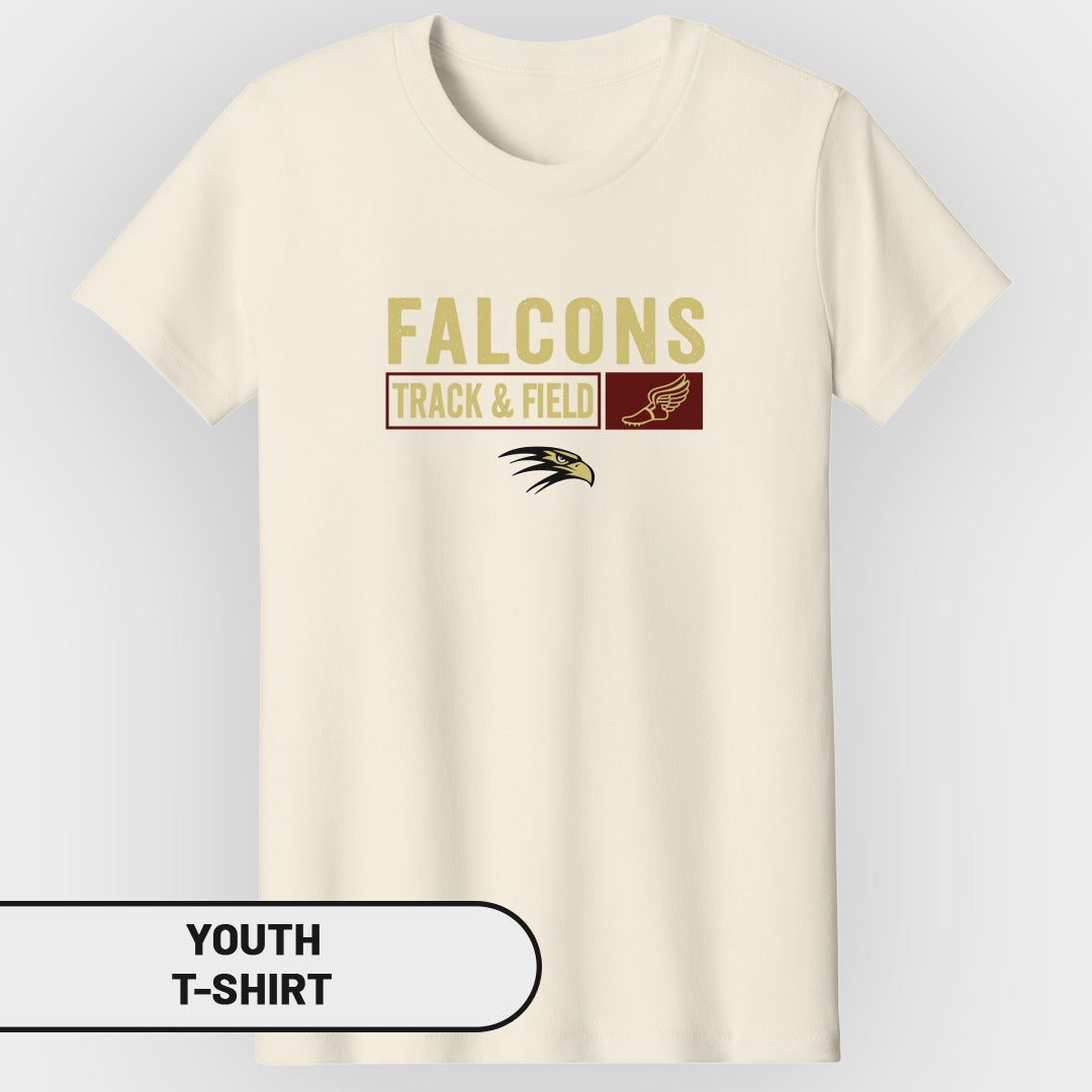 Youth t-shirt with "Falcons Track & Field" text and falcon graphic.