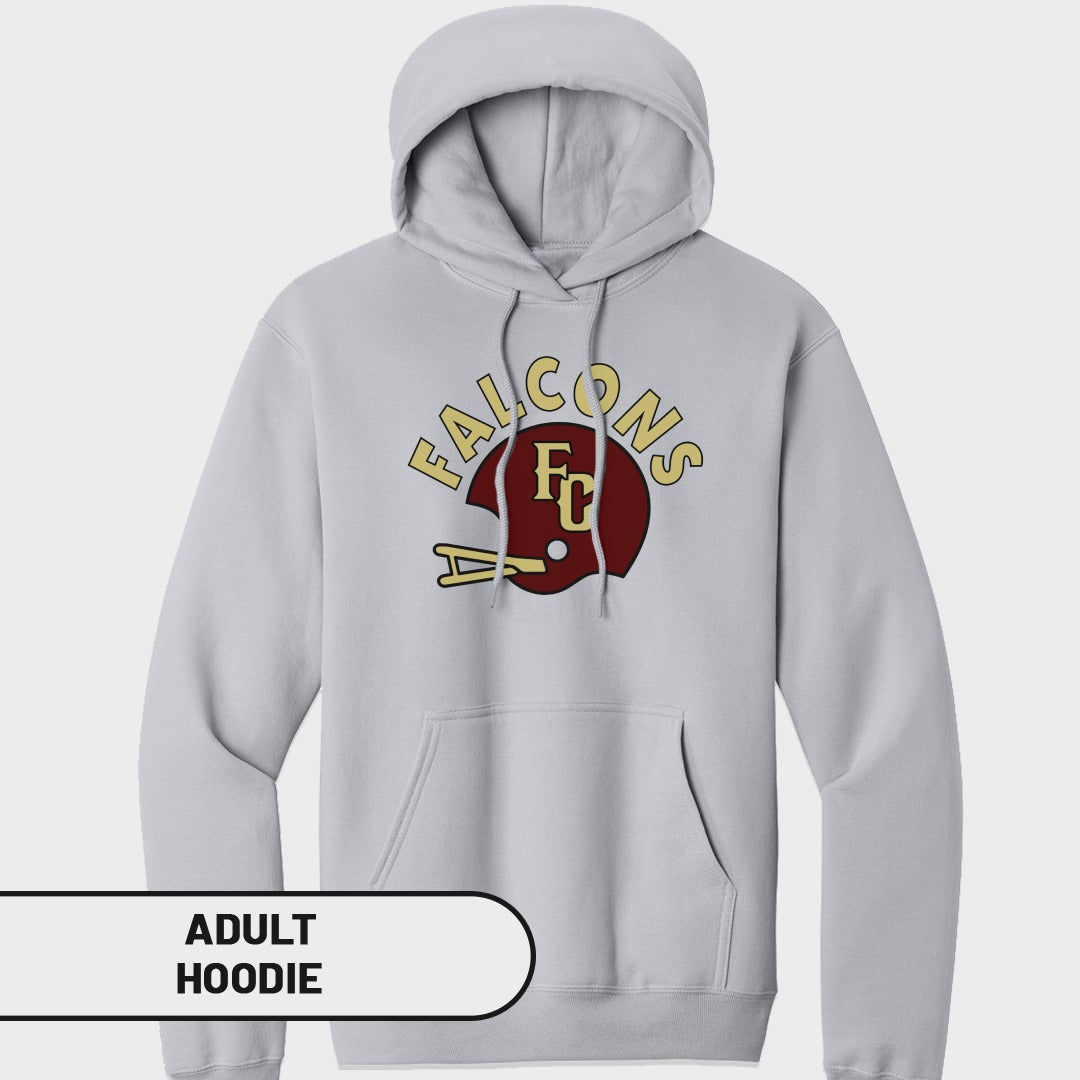 Light grey adult hoodie with maroon and gold "FSU Falcons" helmet logo on chest.