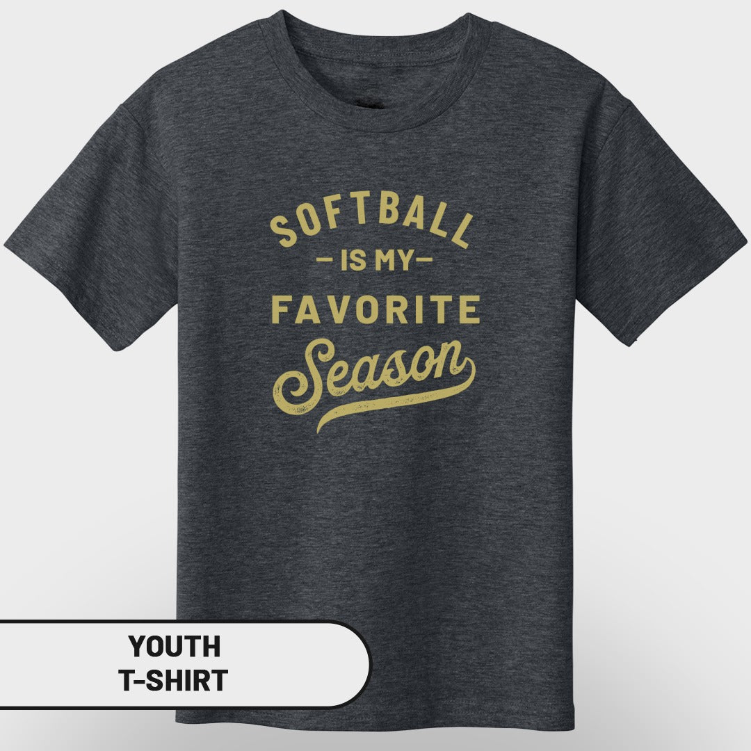 Youth t-shirt with "Softball is My Favorite Season" graphic in gold.