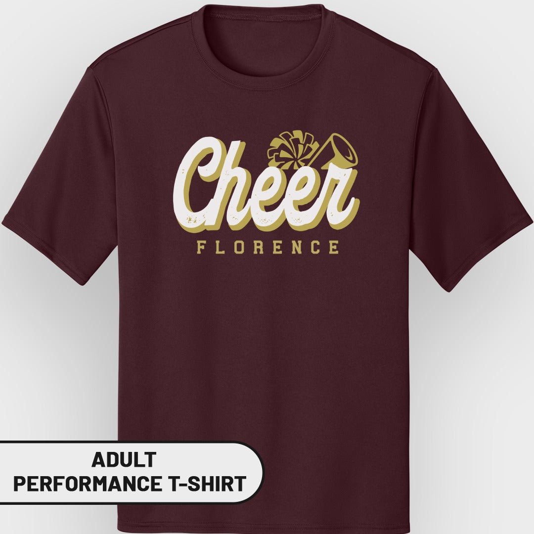 Maroon t-shirt with "Cheer Florence" graphic and cheerleader megaphone icon.