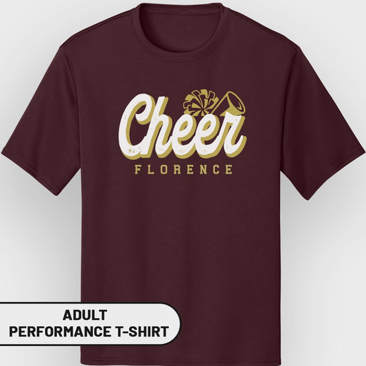 Maroon t-shirt with "Cheer Florence" graphic and cheerleader megaphone icon.