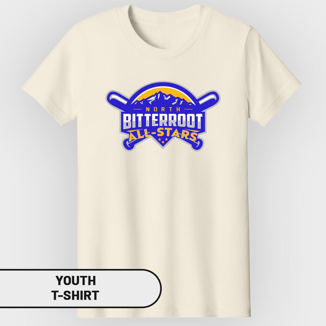 Cream youth t-shirt with "NORTH BITTEROOT ALL-STARS" logo.