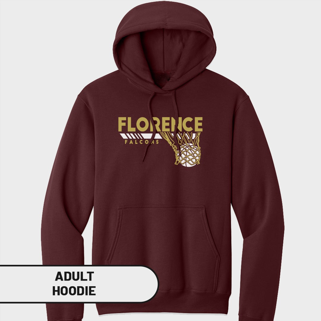 Maroon adult hoodie with "Florence Falcons" text and basketball graphic.
